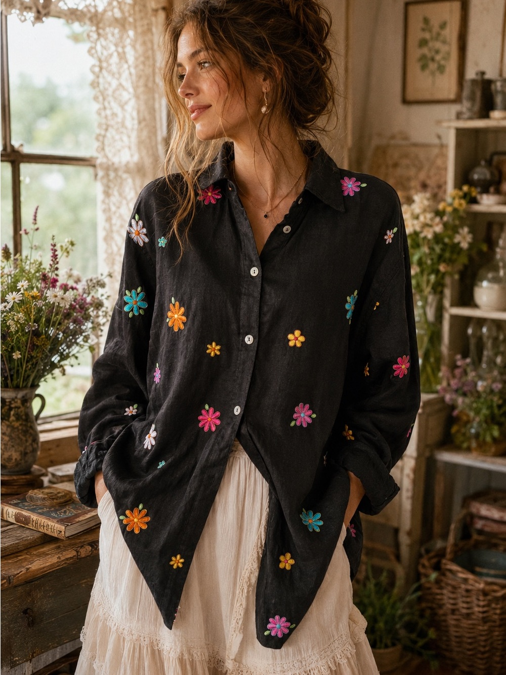 Casey Coleman 100% Linen Embroidered Floral Button Front Shirt Tunic L Boho